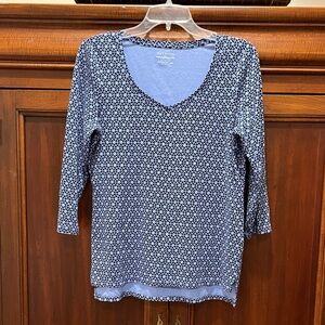 Talbots Blue and Black Geometric V-Neck Top